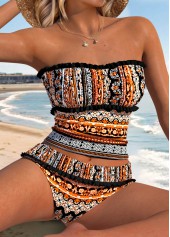 Orange swimwear,Tribal swimwear,ROTITA Orange Patchwork Tribal Print Mid Waisted Tankini Set