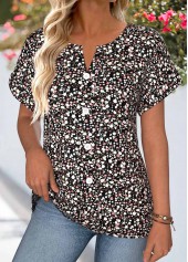 Black tops,Ditsy Floral tops,ROTITA Tummy Coverage Ditsy Floral Print Black Split Neck Blouse