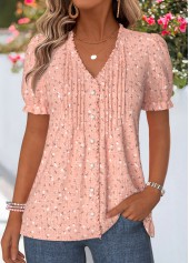 T-shirt à col en V rose poudré à imprimé floral à volants Rotita