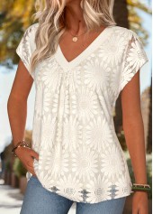 Beige tops,Plain Color tops,ROTITA Tummy Coverage White V Neck Short Sleeve T Shirt