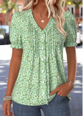 Light Green tops,Ditsy Floral tops,ROTITA Tuck Stitch Ditsy Floral Print Light Green T Shirt