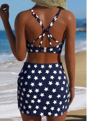 Multi Color swimwear,Flag swimwear,ROTITA Multi Color Three-piece Flag Print Mid Waisted Bikini Set