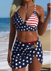 Multi Color swimwear,Flag swimwear,ROTITA Multi Color Three-piece Flag Print Mid Waisted Bikini Set