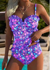 Purple swimwear,Ditsy Floral swimwear,ROTITA Purple Frill Ditsy Floral Print Mid Waisted Tankini Set