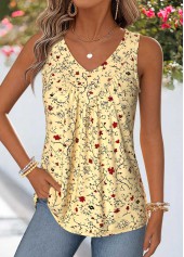 ROTITA Patchwork Floral Print Light Yellow V Neck Tank Top