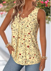 Light Yellow tops,Floral tops,Plants tops,ROTITA Patchwork Floral Print Light Yellow V Neck Tank Top