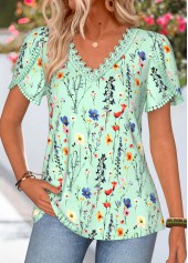 ROTITA Tummy Coverage Floral Print Green V Neck T Shirt