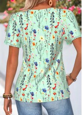 Green tops,Floral tops,Plants tops,ROTITA Tummy Coverage Floral Print Green V Neck T Shirt