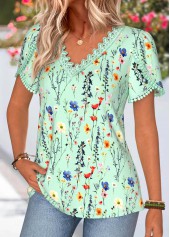 Green tops,Floral tops,Plants tops,ROTITA Tummy Coverage Floral Print Green V Neck T Shirt
