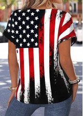 Black tops,Flag tops,ROTITA American Flag Tummy Coverage Black Split Neck Blouse