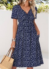Navy dresses,Heart dresses,Vacation dresses,Vacation dresses,ROTITA Navy Heart Print Twist V Neck Short Sleeve Dress