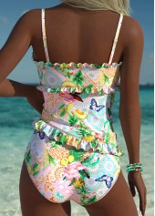 Pink swimwear,Tribal swimwear,ROTITA Pink Frill Patchwork Mid Waisted Tankini Set
