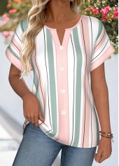 ROTITA Tummy Coverage Striped Multi Color Split Neck Blouse