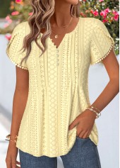 Light Yellow tops,Plain Color tops,ROTITA Curved Hem Light Yellow Split Neck T Shirt