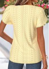 Light Yellow tops,Plain Color tops,ROTITA Curved Hem Light Yellow Split Neck T Shirt