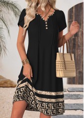 Black dresses,Tribal dresses,Everyday dresses,Casual dresses,ROTITA Black Tribal Print Tuck Stitch Short Split Neck Dress