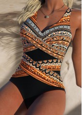 ROTITA Black Surplice Tribal Print One Piece Swimwear