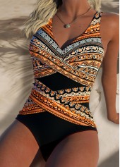 Black swimwear,Tribal swimwear,ROTITA Black Surplice Tribal Print One Piece Swimwear