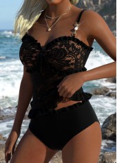 Black swimwear,Plain Color swimwear,ROTITA Black Frill Mid Waisted Tankini Set