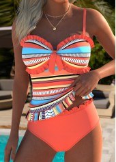 ROTITA Orange Frill Multi Stripe Print Mid Waisted Tankini Set