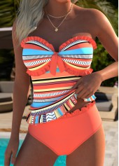 Orange swimwear,Striped swimwear,Geometric swimwear,ROTITA Orange Frill Multi Stripe Print Mid Waisted Tankini Set