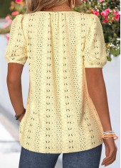 Light Yellow tops,Plain Color tops,ROTITA Curved Hem Light Yellow Split Neck Short Sleeve Blouse