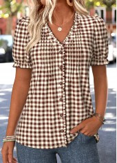 ROTITA Frill Plaid Dark Coffee V Neck T Shirt