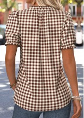 Black tops,Plaid tops,Geometric tops,ROTITA Frill Plaid Dark Coffee V Neck T Shirt