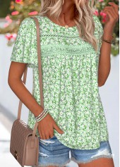 Light Green tops,Ditsy Floral tops,ROTITA Curved Hem Ditsy Floral Print Light Green T Shirt