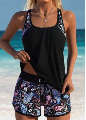 ROTITA Black Patchwork Tribal Print Mid Waisted Tankini Set