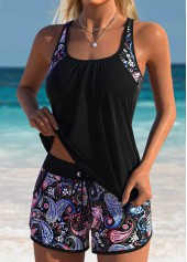 Black swimwear,Tribal swimwear,ROTITA Black Patchwork Tribal Print Mid Waisted Tankini Set