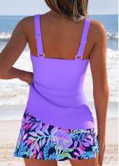 Purple swimwear,Floral swimwear,Plants swimwear,ROTITA Purple Two-piece Floral Print Mid Waisted Tankini Set