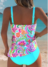 Cyan swimwear,Floral swimwear,Plants swimwear,ROTITA Cyan Surplice Floral Print Mid Waisted Tankini Set