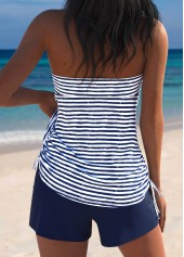 Navy swimwear,Striped swimwear,Geometric swimwear,ROTITA Navy Surplice Striped Mid Waisted Tankini Set