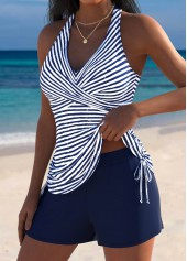 Navy swimwear,Striped swimwear,Geometric swimwear,ROTITA Navy Surplice Striped Mid Waisted Tankini Set
