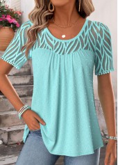 Rotita Patchwork-T-Shirt in Cyan mit Rundhalsausschnitt und kurzen Ärmeln