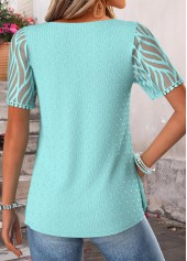 Cyan tops,Plain Color tops,ROTITA Patchwork Cyan Scoop Neck Short Sleeve T Shirt