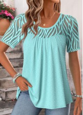Cyan tops,Plain Color tops,ROTITA Patchwork Cyan Scoop Neck Short Sleeve T Shirt