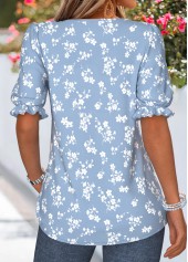 Light Blue tops,Ditsy Floral tops,ROTITA Curved Hem Ditsy Floral Print Light Blue T Shirt