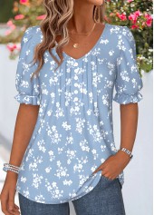 Light Blue tops,Ditsy Floral tops,ROTITA Curved Hem Ditsy Floral Print Light Blue T Shirt
