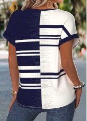 Navy tops,Geometric tops,ROTITA Tummy Coverage Geometric Print Navy Split Neck Blouse