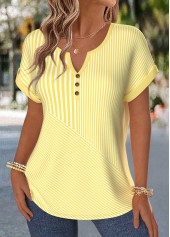 Yellow tops,Geometric tops,ROTITA Tummy Coverage Geometric Print Yellow Split Neck Blouse