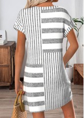 Grey dresses,Striped dresses,Geometric dresses,Everyday dresses,Casual dresses,ROTITA Grey Striped Patchwork Short V Neck Dress