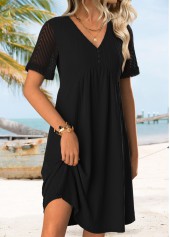 Black dresses,Plain Color dresses,Everyday dresses,Casual dresses,ROTITA Black Shirred Short V Neck Dress