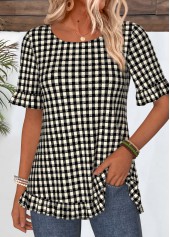 Black tops,Plaid tops,Geometric tops,ROTITA Frill Plaid Black Round Neck Short Sleeve T Shirt