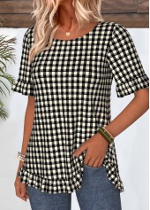 Black tops,Plaid tops,Geometric tops,ROTITA Frill Plaid Black Round Neck Short Sleeve T Shirt