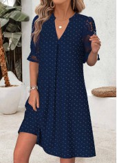 Navy dresses,Plain Color dresses,Vacation dresses,Vacation dresses,ROTITA Navy Shirred Short Split Neck Half Sleeve Dress