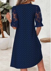 Navy dresses,Plain Color dresses,Vacation dresses,Vacation dresses,ROTITA Navy Shirred Short Split Neck Half Sleeve Dress