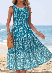 ROTITA Peacock Blue Ditsy Floral Print Tummy Coverage Sleeveless Dress