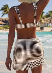 Dark Coffee swimwear,Plaid swimwear,Geometric swimwear,ROTITA Dark Coffee Three-piece Plaid Mid Waisted Bikini Set